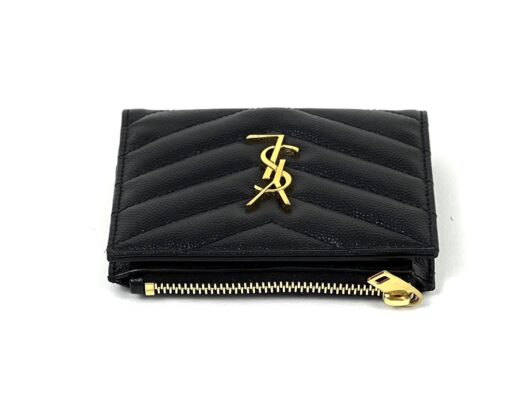 YSL Grain De Poudre Matelasse Chevron Monogram Zipped Two-Part Wallet Black - Image 5