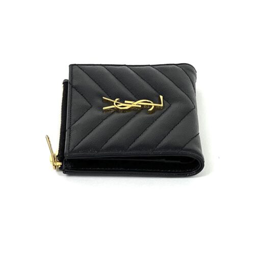 YSL Grain De Poudre Matelasse Chevron Monogram Zipped Two-Part Wallet Black - Image 4