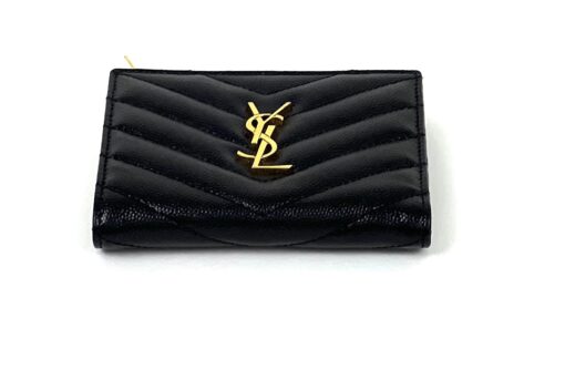 YSL Grain De Poudre Matelasse Chevron Monogram Zipped Two-Part Wallet Black - Image 3