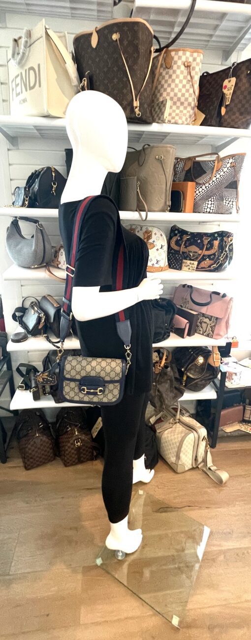 Gucci Supreme Monogram Textured Dollar Calfskin Web Mini Horsebit 1955 Crossbody/Shoulder Bag Beige Blue - Image 8