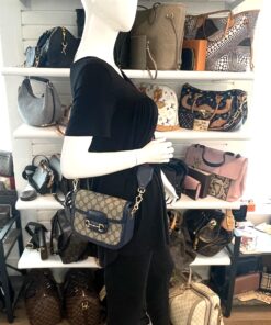 Gucci Supreme Monogram Textured Dollar Calfskin Web Mini Horsebit 1955 Crossbody/Shoulder Bag Beige Blue 2