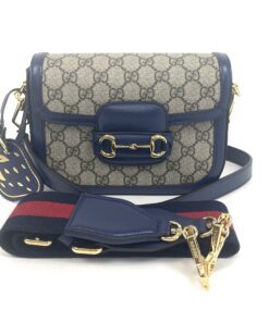 Gucci Supreme Monogram Textured Dollar Calfskin Web Mini Horsebit 1955 Crossbody/Shoulder Bag Beige Blue