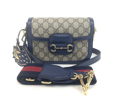 Gucci Supreme Monogram Textured Dollar Calfskin Web Mini Horsebit 1955 Crossbody/Shoulder Bag Beige Blue