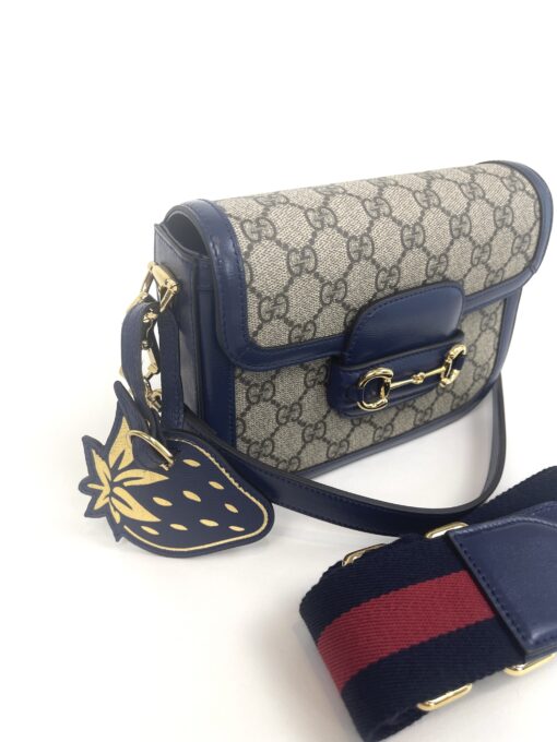 Gucci Supreme Monogram Textured Dollar Calfskin Web Mini Horsebit 1955 Crossbody/Shoulder Bag Beige Blue - Image 9