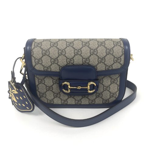 Gucci Supreme Monogram Textured Dollar Calfskin Web Mini Horsebit 1955 Crossbody/Shoulder Bag Beige Blue - Image 4