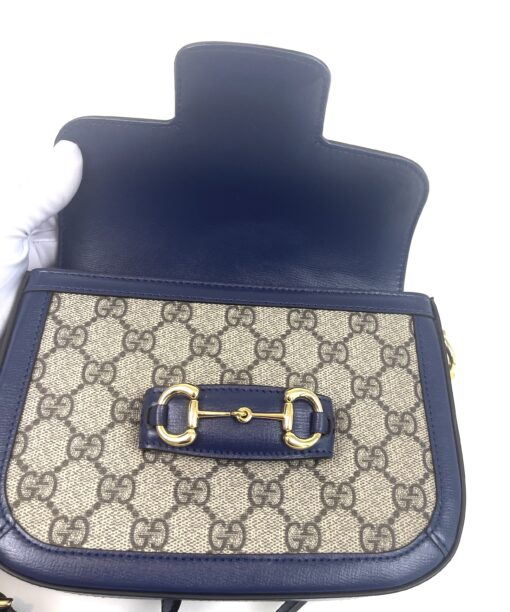 Gucci Supreme Monogram Textured Dollar Calfskin Web Mini Horsebit 1955 Crossbody/Shoulder Bag Beige Blue - Image 11