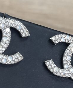 Chanel CC Post Earrings Silver with Crystals