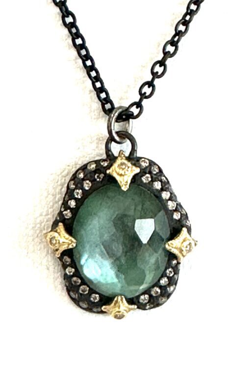 Armenta 16-18" Blackened Sterling Silver and 18k Gold Necklace with Emerald Quartz Gemstone