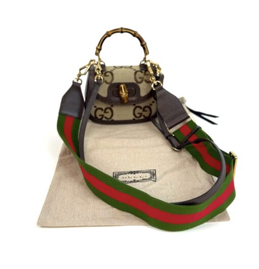 Gucci Monogram Jumbo GG Textured Dollar Calfskin Web Mini Bamboo 1947 Top Handle Bag Camel Ebony New Acero - Image 4