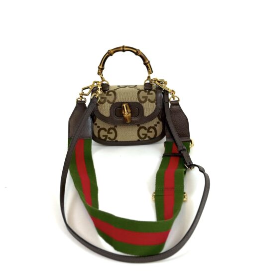 Gucci Monogram Jumbo GG Textured Dollar Calfskin Web Mini Bamboo 1947 Top Handle Bag Camel Ebony New Acero - Image 16