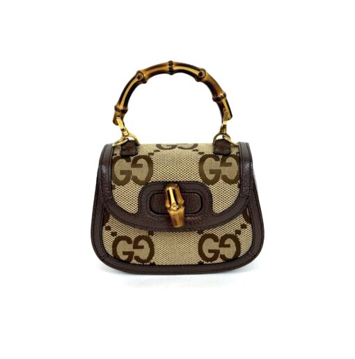 Gucci Monogram Jumbo GG Textured Dollar Calfskin Web Mini Bamboo 1947 Top Handle Bag Camel Ebony New Acero - Image 19