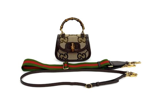 Gucci Monogram Jumbo GG Textured Dollar Calfskin Web Mini Bamboo 1947 Top Handle Bag Camel Ebony New Acero - Image 18