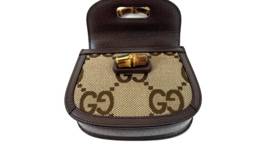 Gucci Monogram Jumbo GG Textured Dollar Calfskin Web Mini Bamboo 1947 Top Handle Bag Camel Ebony New Acero - Image 12