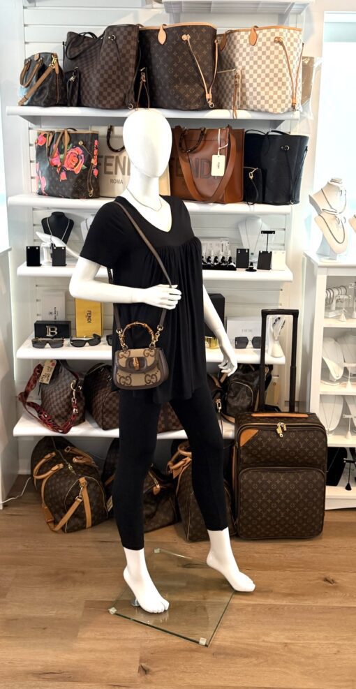Gucci Monogram Jumbo GG Textured Dollar Calfskin Web Mini Bamboo 1947 Top Handle Bag Camel Ebony New Acero - Image 3