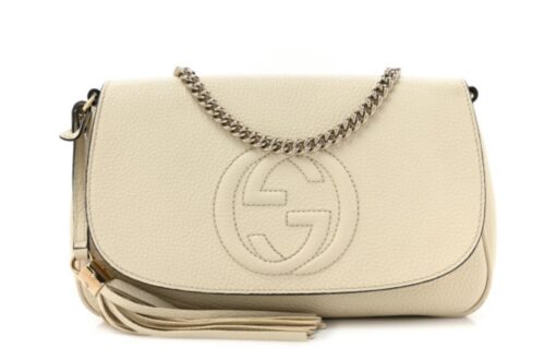 Gucci Pebbled Calfskin Medium Soho Flap Crossbody Off White Cellarius GHW