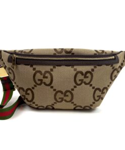 Gucci Monogram Jumbo GG Textured Dollar Calfskin Web Belt Bag Camel Ebony New Acero