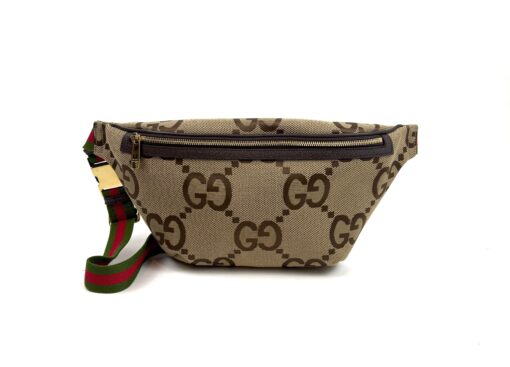 Gucci Monogram Jumbo GG Textured Dollar Calfskin Web Belt Bag Camel Ebony New Acero