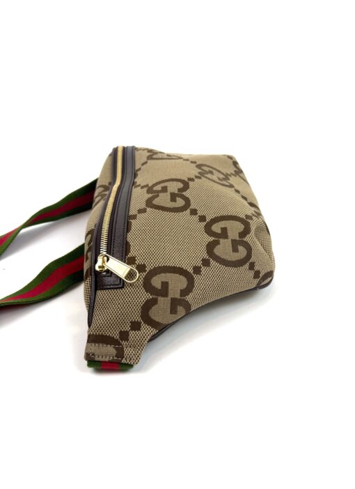 Gucci Monogram Jumbo GG Textured Dollar Calfskin Web Belt Bag Camel Ebony New Acero - Image 11