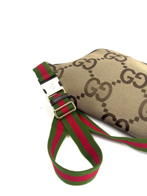 Gucci Monogram Jumbo GG Textured Dollar Calfskin Web Belt Bag Camel Ebony New Acero - Image 13