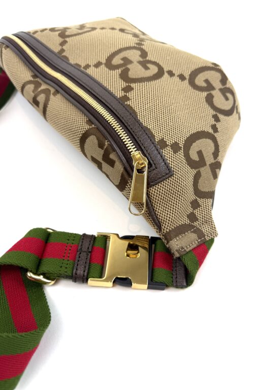 Gucci Monogram Jumbo GG Textured Dollar Calfskin Web Belt Bag Camel Ebony New Acero - Image 14