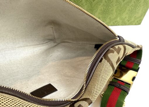 Gucci Monogram Jumbo GG Textured Dollar Calfskin Web Belt Bag Camel Ebony New Acero - Image 15