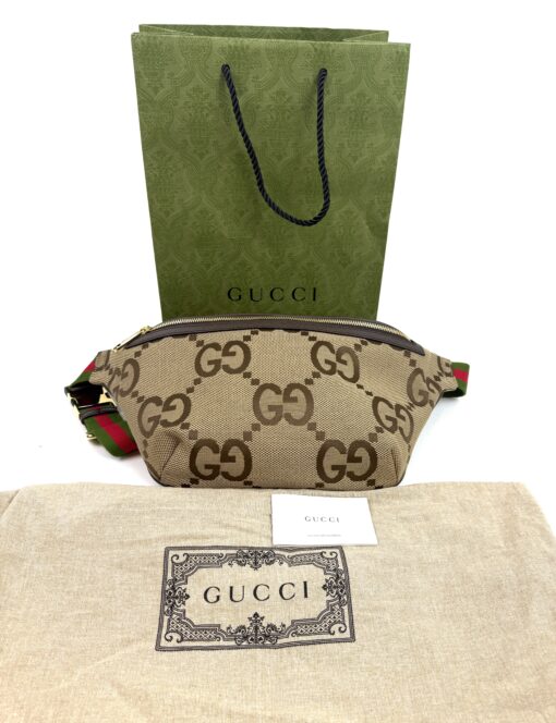 Gucci Monogram Jumbo GG Textured Dollar Calfskin Web Belt Bag Camel Ebony New Acero - Image 4