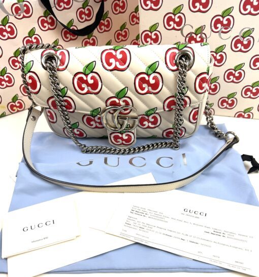 Gucci Calfskin Monogram Matelasse Diagonal GG Apple Small GG Marmont Shoulder Bag Ivory - Image 13