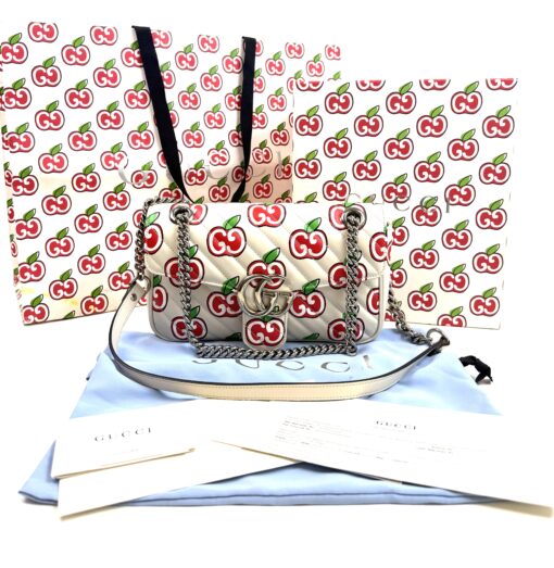 Gucci Calfskin Monogram Matelasse Diagonal GG Apple Small GG Marmont Shoulder Bag Ivory - Image 4