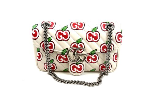Gucci Calfskin Monogram Matelasse Diagonal GG Apple Small GG Marmont Shoulder Bag Ivory - Image 15