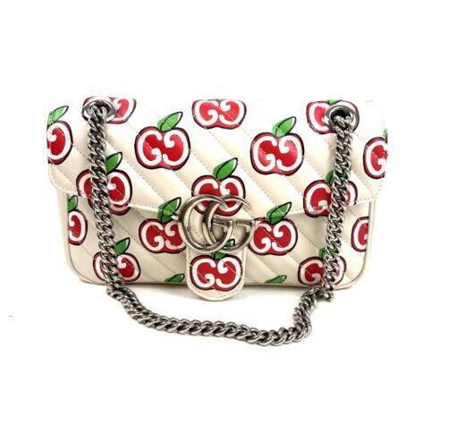 Gucci Calfskin Monogram Matelasse Diagonal GG Apple Small GG Marmont Shoulder Bag Ivory
