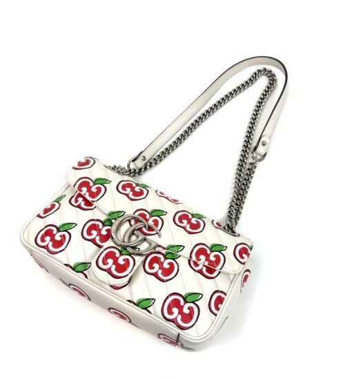Gucci Calfskin Monogram Matelasse Diagonal GG Apple Small GG Marmont Shoulder Bag Ivory - Image 11