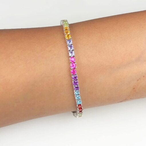 Multicolor Natural Gemstone Birthstone 3mm .925 Tennis Bracelet 7.5" - Image 2