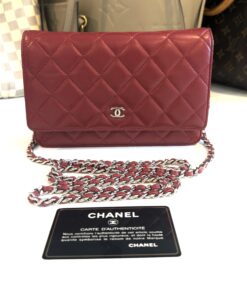 Chanel Red Lambskin Classic Quilted Wallet On Chain Silver