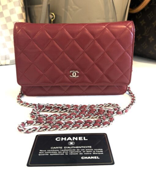Chanel Red Lambskin Classic Quilted Wallet On Chain Silver