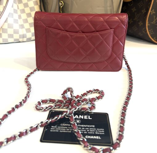 Chanel Red Lambskin Classic Quilted Wallet On Chain Silver - Image 4