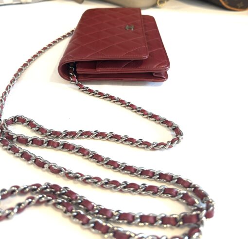 Chanel Red Lambskin Classic Quilted Wallet On Chain Silver - Image 17