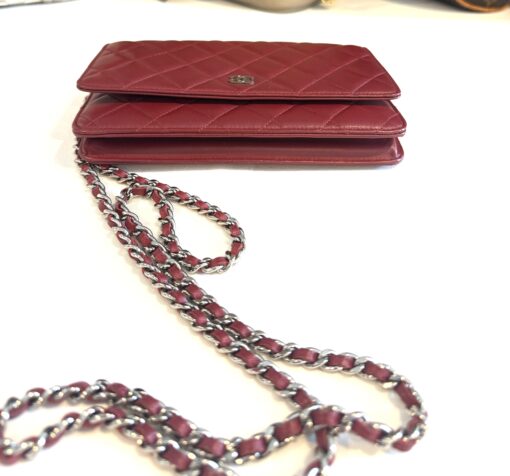 Chanel Red Lambskin Classic Quilted Wallet On Chain Silver - Image 16