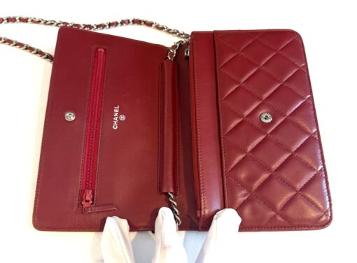 Chanel Red Lambskin Classic Quilted Wallet On Chain Silver - Image 6