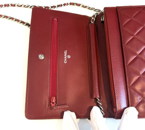 Chanel Red Lambskin Classic Quilted Wallet On Chain Silver - Image 14