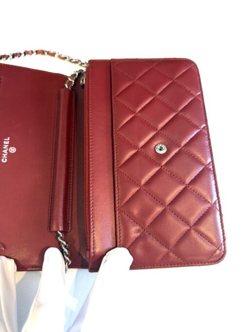 Chanel Red Lambskin Classic Quilted Wallet On Chain Silver - Image 10