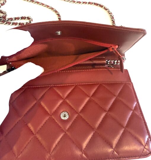 Chanel Red Lambskin Classic Quilted Wallet On Chain Silver - Image 9