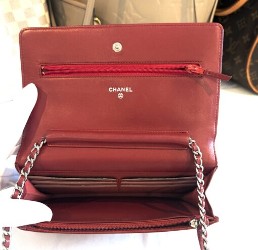 Chanel Red Lambskin Classic Quilted Wallet On Chain Silver - Image 13