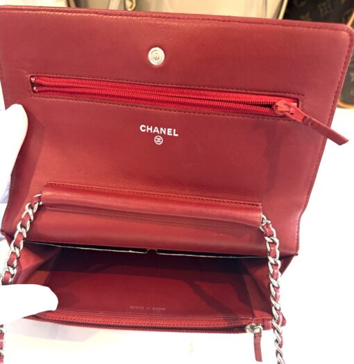 Chanel Red Lambskin Classic Quilted Wallet On Chain Silver - Image 12
