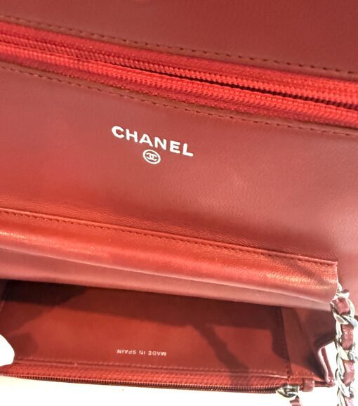 Chanel Red Lambskin Classic Quilted Wallet On Chain Silver - Image 11