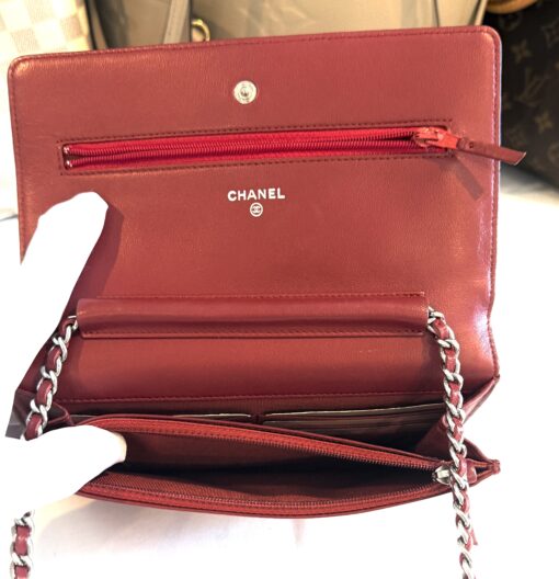Chanel Red Lambskin Classic Quilted Wallet On Chain Silver - Image 8