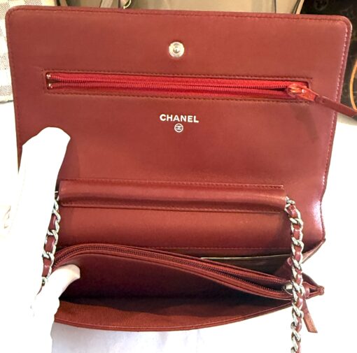 Chanel Red Lambskin Classic Quilted Wallet On Chain Silver - Image 5