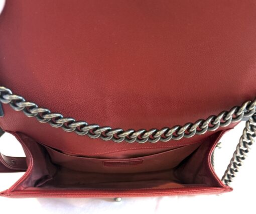 CHANEL Red Quilted Caviar Leather Medium 10" Boy Bag Ruthenium - Image 8