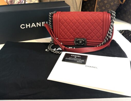 CHANEL Red Quilted Caviar Leather Medium 10" Boy Bag Ruthenium - Image 4