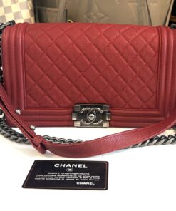 CHANEL Red Quilted Caviar Leather Medium 10" Boy Bag Ruthenium
