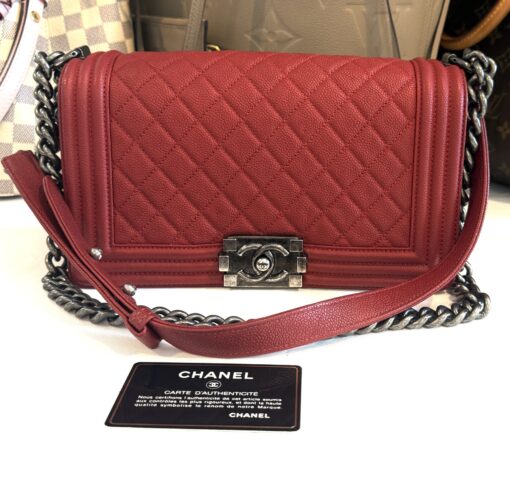CHANEL Red Quilted Caviar Leather Medium 10" Boy Bag Ruthenium